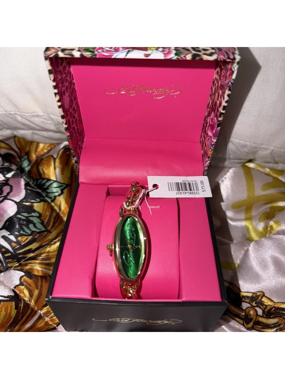 Ed Hardy Women’s Oval Gold-Tone Bracelet Watch Green Dial Quartz w/ Box
